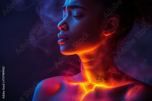Stylistic image of a woman with neon light depicting the arterial system, conveying health and energy