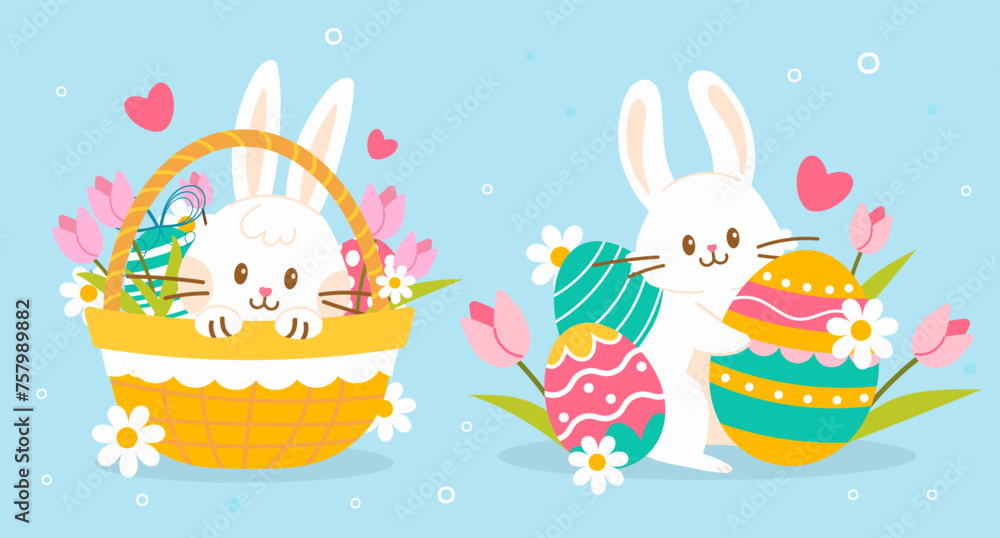 Easter card with bunny and eggs in basket. Easter card with bunny and flowers. Cute card. Spring collection of animals and decorations. For poster, card, scrapbooking , stickers