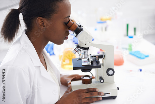 Research, microscope or woman scientist in office for medical, experiment or inspection. Science, healthcare or African health expert with virus study, testing or dna analysis for lab investigation