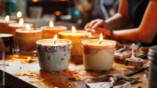 A creative lesson in making fashionable candles with your own hands. A workshop for making scented candles. photo