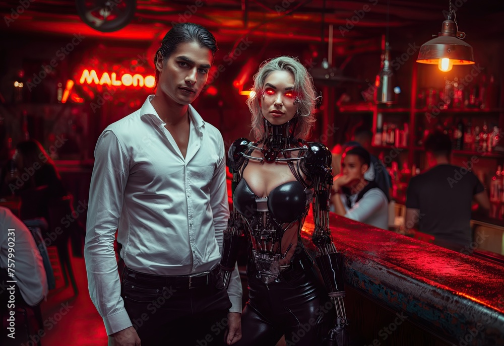 Generative AI of Human and Robot Woman in Nightclub concept for AI Relationships, Crossing the Digital Divide, Cyber Romance, and Future of Love Generative AI of Human and Robot Woman in Nightclub concept for AI Relationships, Crossing the Digital Divide, Cyber Romance, and Future of Love
