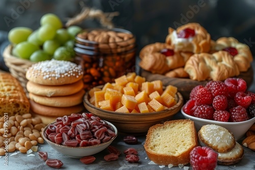 A rustic display of diverse carbohydrate sources such as bread, grains, and fruits for a wholesome meal preparation