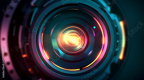 Professional camera lens with colorful bokeh lights