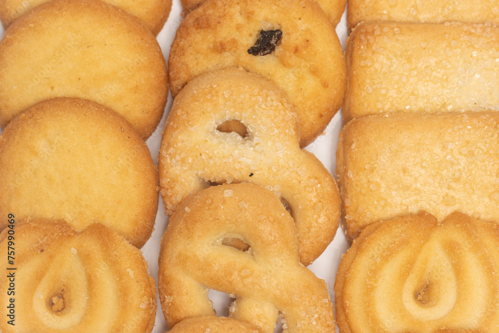 Close-up group of assorted of danish butter cookies isolated on white background clipping path