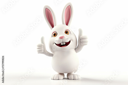 3D rendering of a cute happy easter bunny character smiling and showing a thumbs up gesture isolated on a white background