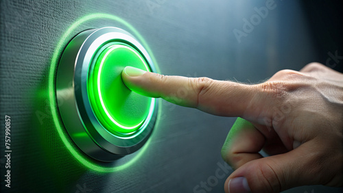 Finger Pressing a Green Lit Button on Modern Interface 