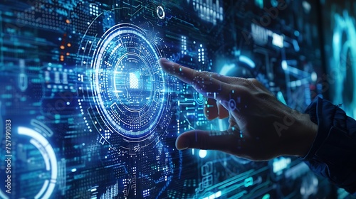 A finger is touching a digital screen with a futuristic interface with a glowing blue circle in the center.