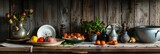 A nostalgic still life featuring vintage kitchenware and homegrown produce, capturing the timeless charm of rural living