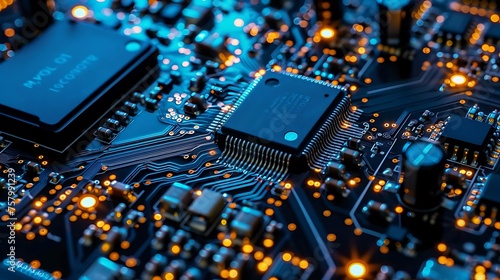 A close-up of a computer circuit board with the focus on a central processing unit. photo