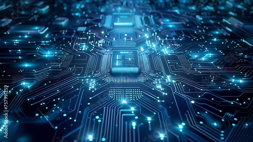 3D rendering of a computer chip with glowing blue light. The chip is surrounded by a circuit board with glowing blue lines.