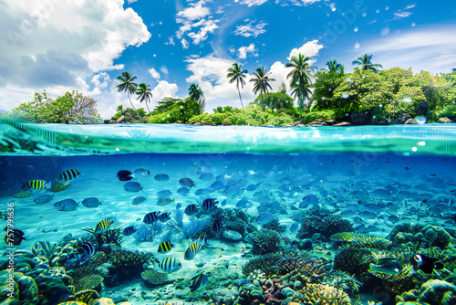A split view from the water level of a tropical island and swimming fish