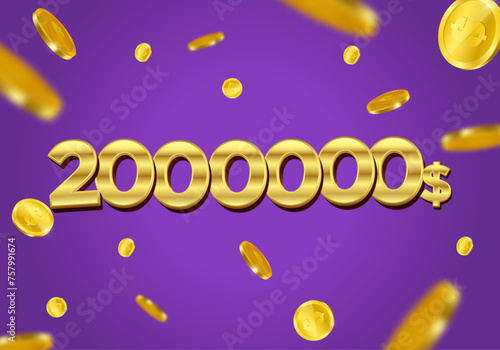2000000 Dollar gift or offer poster with flying gold coins. Two Million Dollars coupon voucher, cash back banner special offer, casino winner. Vector illustration.