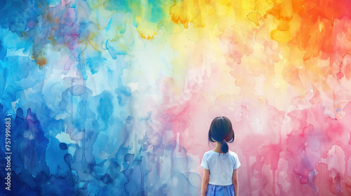 World autism awareness day card or banner, autistic girl looking at colorful watercolor paint  photo