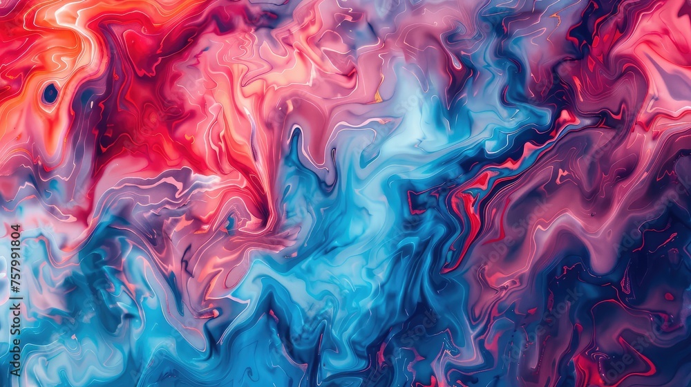 Marbled blue and red abstract background. Liquid marble ink pattern.