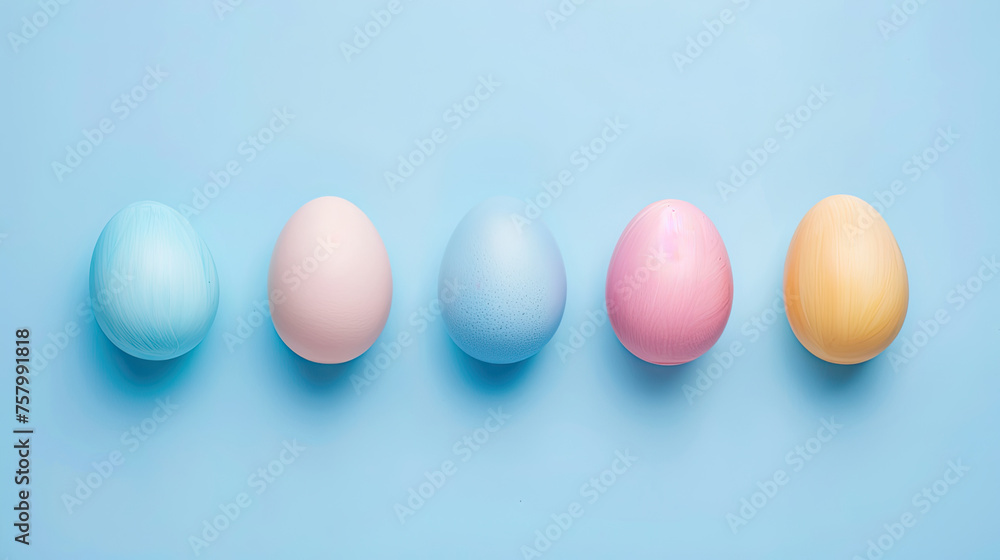top view a row of pastel-colored easter eggs on a blue background top view a row of pastel-colored easter eggs on a blue background