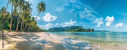Tropical beach panorama with white sand and coconut palms.