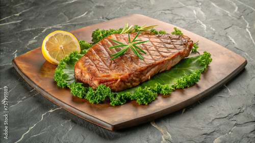 Grilled Beef Steak with Fresh Herbs and Lemon on Dark Slate Plate