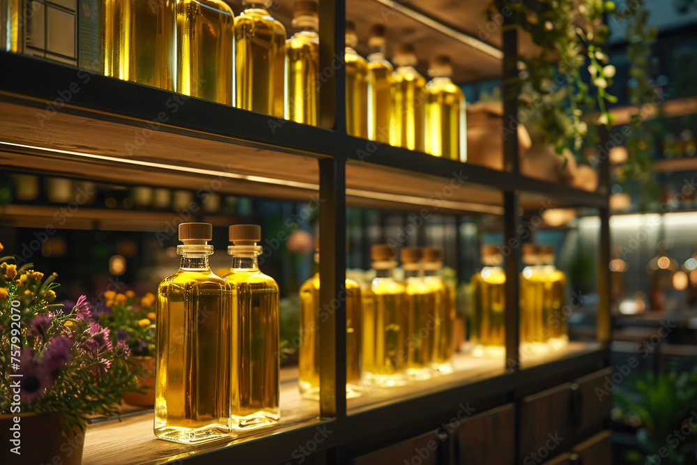 A shelf of bottles of extra virgin olive oil with a few potted plants in the background A shelf of bottles of extra virgin olive oil with a few potted plants in the background