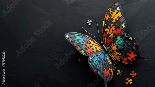World autism awareness day card or banner, autistic colorful puzzle butterfly logo on black background 
