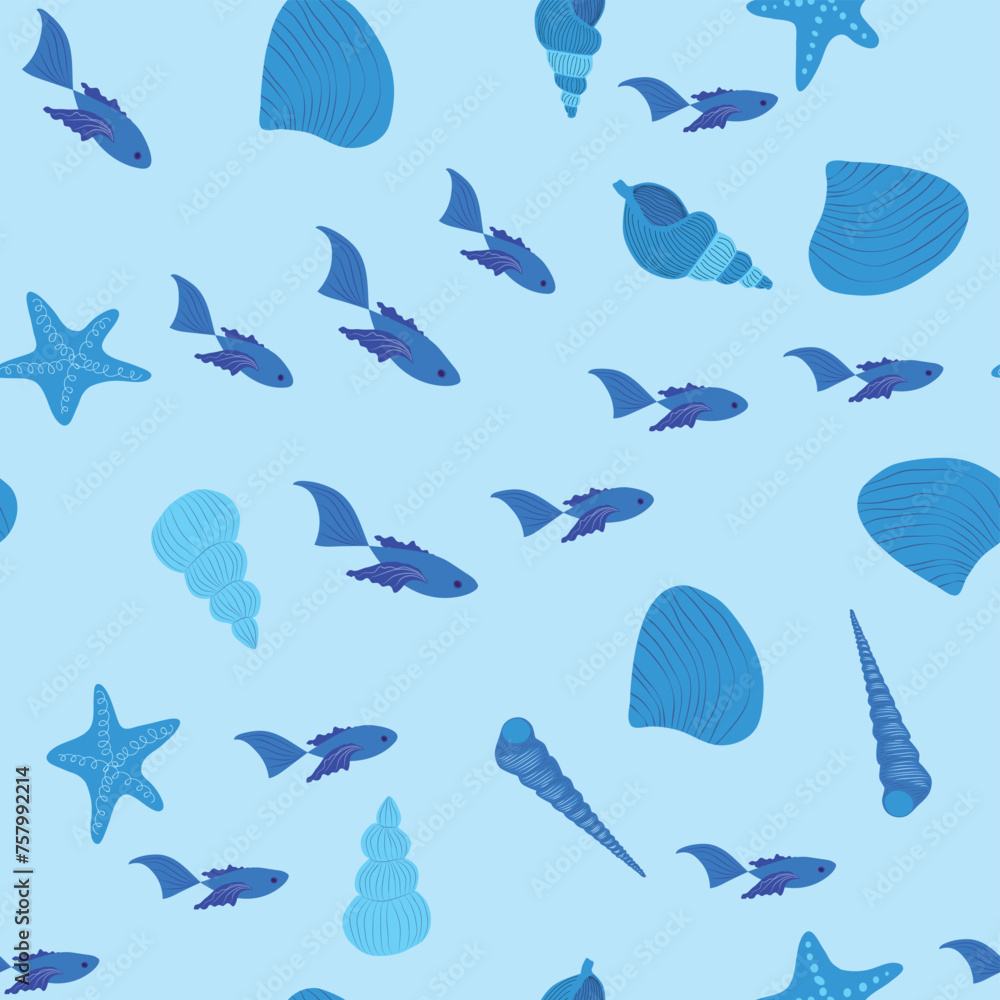Seamless pattern with starfish, corals, pearls and seashells. Vector background with marine theme. Seamless pattern with starfish, corals, pearls and seashells. Vector background with marine theme.