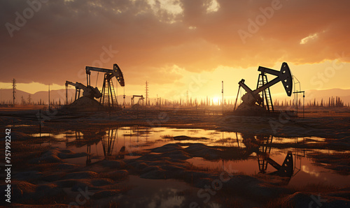 Oil and gas industry. Working oil pump jack on oil field at sunset. Industrial theme.
