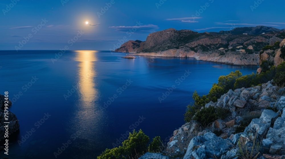 Full moon over sea at night, creating a tranquil, scenic panorama.