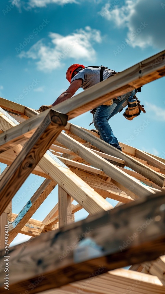 Roofer working diligently on building's roof at construction site. Roofer working diligently on building's roof at construction site.