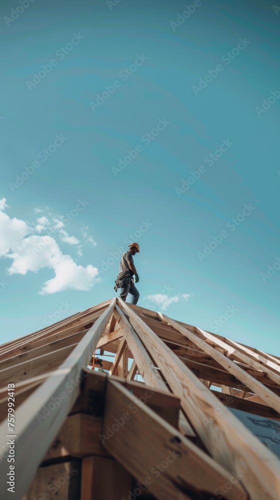 Roofer working diligently on building's roof at construction site. Roofer working diligently on building's roof at construction site.
