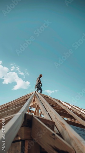 Roofer working diligently on building's roof at construction site.