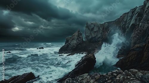 A panoramic view of a rocky coastline, where waves crash dramatically against weathered cliffs under a moody, overcast sky.