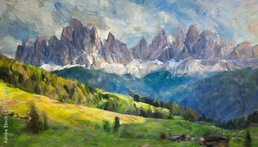 An acrylic and oil style painting of the Dolomites and Italian mountain ranges