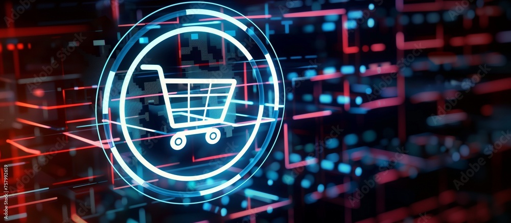 Artificial Intelligence in Retail concept, featuring a high-tech background and a prominent shopping cart symbol, symbolizing the integration of AI in shopping experiences. - obrazy, fototapety, plakaty 