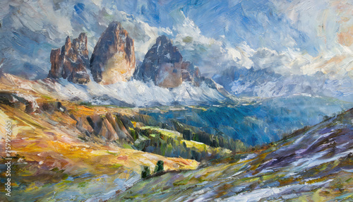 An acrylic and oil style painting of the Dolomites and Italian mountain ranges