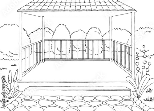 Empty gazebo garden modern graphic black white architect landscape sketch illustration vector