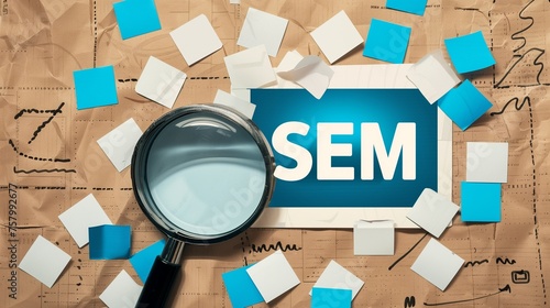A creative collage-style image illustrating the concept of Search Engine Marketing (SEM) with bold letters SEM cut out from paper, a magnifying glass symbolizing keyword research, and stylized screen.
