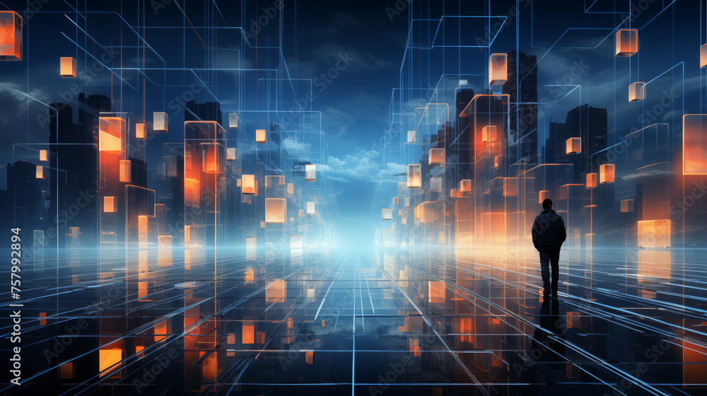 Lone figure in futuristic cityscape ai generated background image. Ethereal buildings glowing amber wallpaper picture. Cyber metropolis with reflective surfaces photo backdrop. Virtual reality concept
