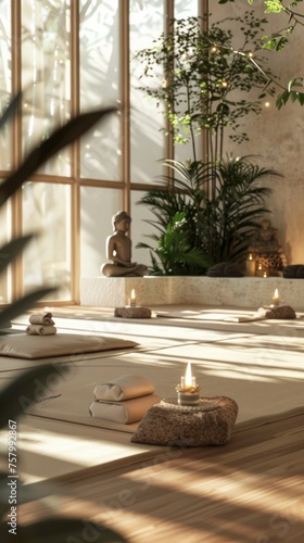 Yoga studio bathed in natural light  featuring a meditation corner with candles and a Buddha statue.