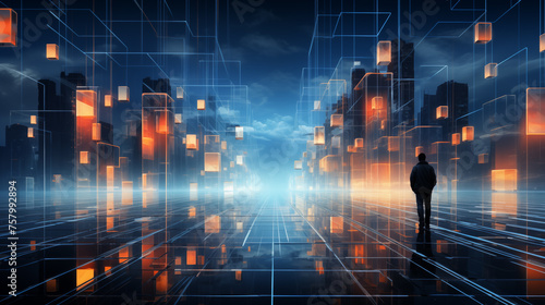 Lone figure in futuristic cityscape ai generated background image. Ethereal buildings glowing amber wallpaper picture. Cyber metropolis with reflective surfaces photo backdrop. Virtual reality concept