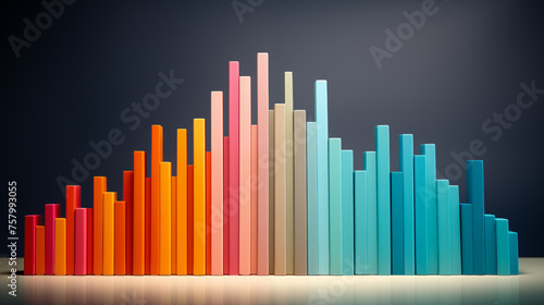 Colorful bar graph blocks on dark ai generated background image. Analysis data comparison desktop wallpaper picture. Rainbow statistics photo backdrop. Data visualization concept composition