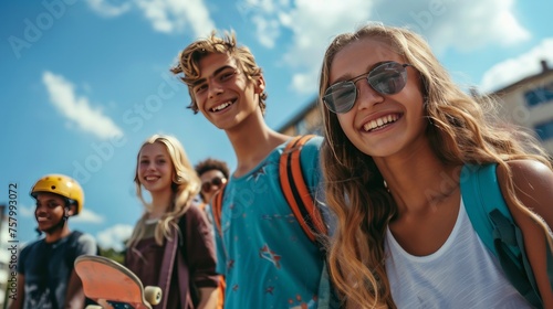 Group of cheerful teenagers with skateboards enjoying summer outdoors. © vadymstock