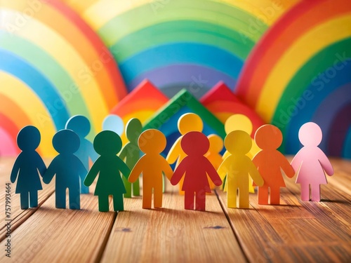 Group of colorful paper people on a wooden table over a rainbow background