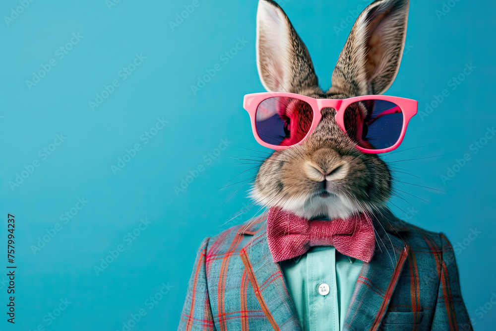 rabbit wearing suit, pink sunglasses and bow tie on blue background - obrazy, fototapety, plakaty 