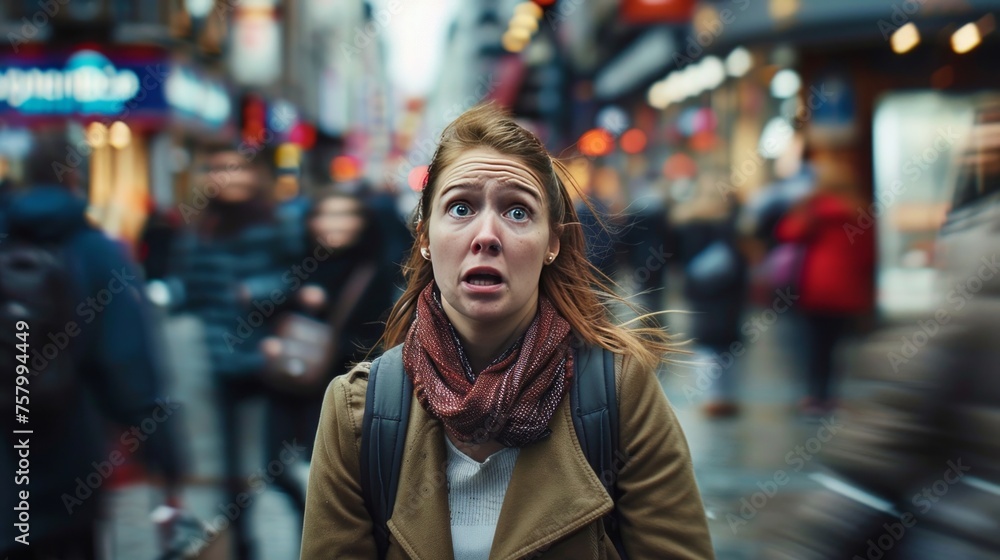 Woman with panic attack in crowded city. Woman with panic attack in crowded city.