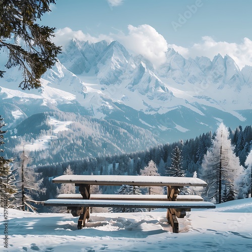 A serene alpine landscape, with a wooden table nestled among snow-capped peaks, inviting viewers to imagine a cozy winter retreat.