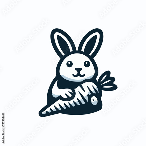 Small lovely rabbit holds giant carrot logo icon sticker tattoo.