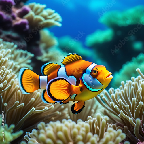 Clown fish on the ocean floor. Undersea world