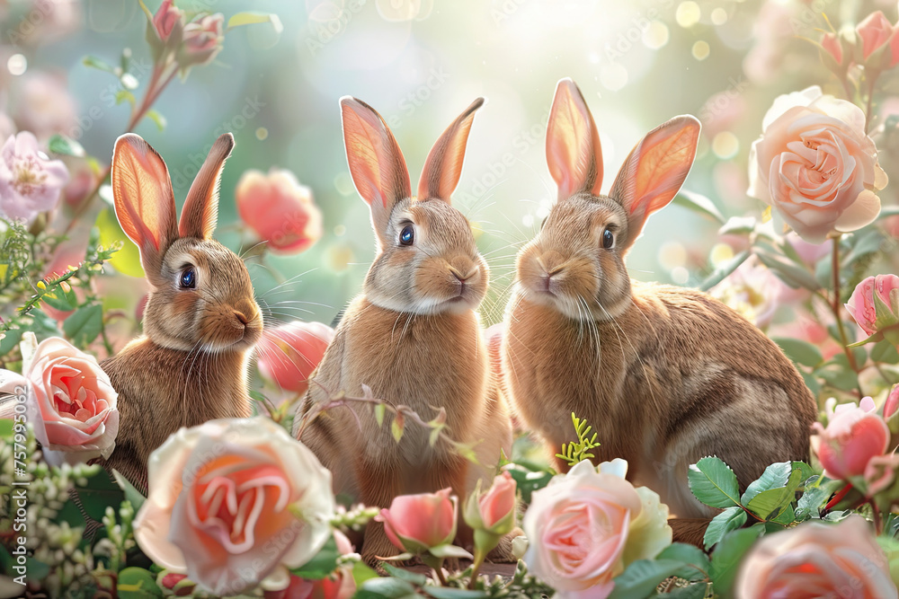 Fototapeta premium three cute brown rabbits in the garden with pink roses. spring nature background