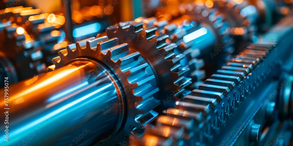 A series of gears are shown in a factory setting