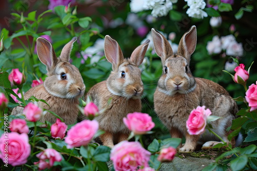 three cute brown rabbits in the garden with pink roses. spring nature background