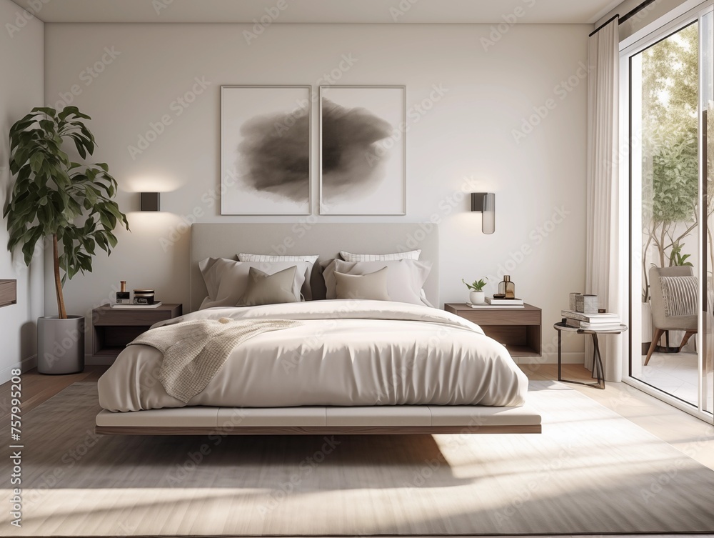 modern bedroom that serves as a sanctuary of calm and minimalist luxury. This space is designed with a refined aesthetic, featuring a monochromatic color scheme with subtle textures and sophisticated modern bedroom that serves as a sanctuary of calm and minimalist luxury. This space is designed with a refined aesthetic, featuring a monochromatic color scheme with subtle textures and sophisticated